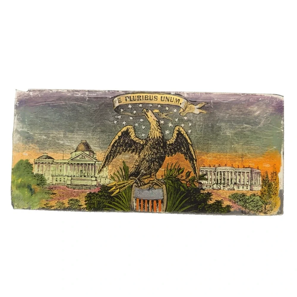 Old Reverse‎ Painted Clock Glass Tablet E. Pluribus Unum Banner Eagle 10x4.5